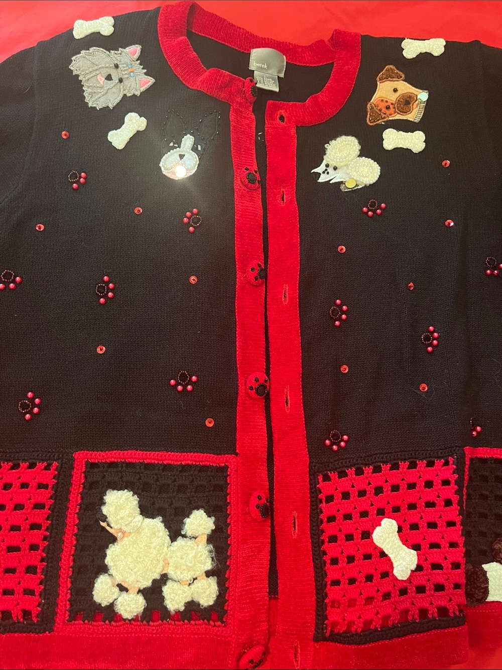 Vintage Black & Red Dog Appliqué Cardigan Sweater